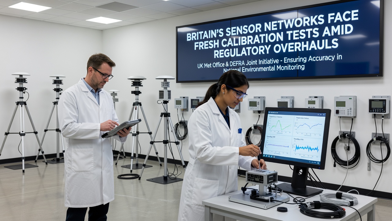 Technicians conducting field calibration on environmental sensors in a British urban setting