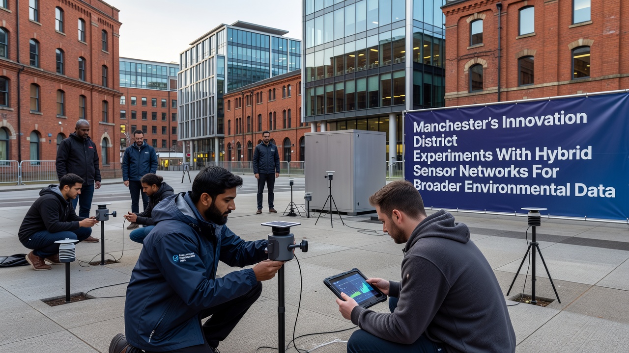 Technicians reviewing real-time environmental data feeds from hybrid sensor network control center